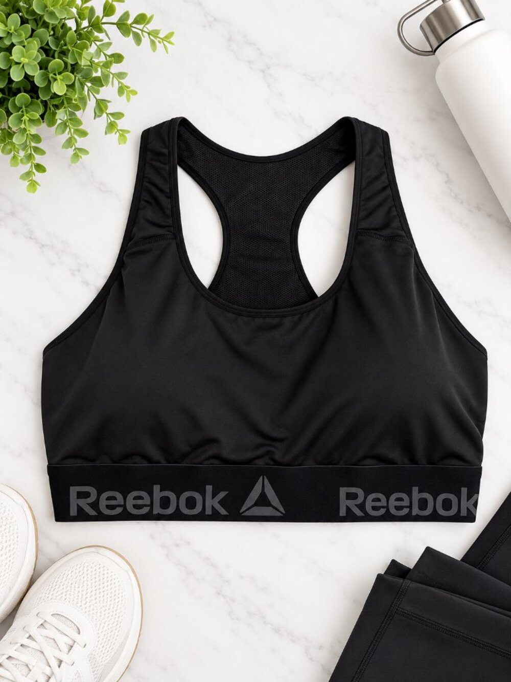 Reebok Size 2X Black Racerback Sports Bra Mesh Back Logo Band Activewear